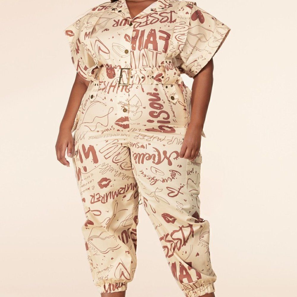 New L’atise by Amy Plus Size Graffiti Print Jumpsuit with Cap Sleeves